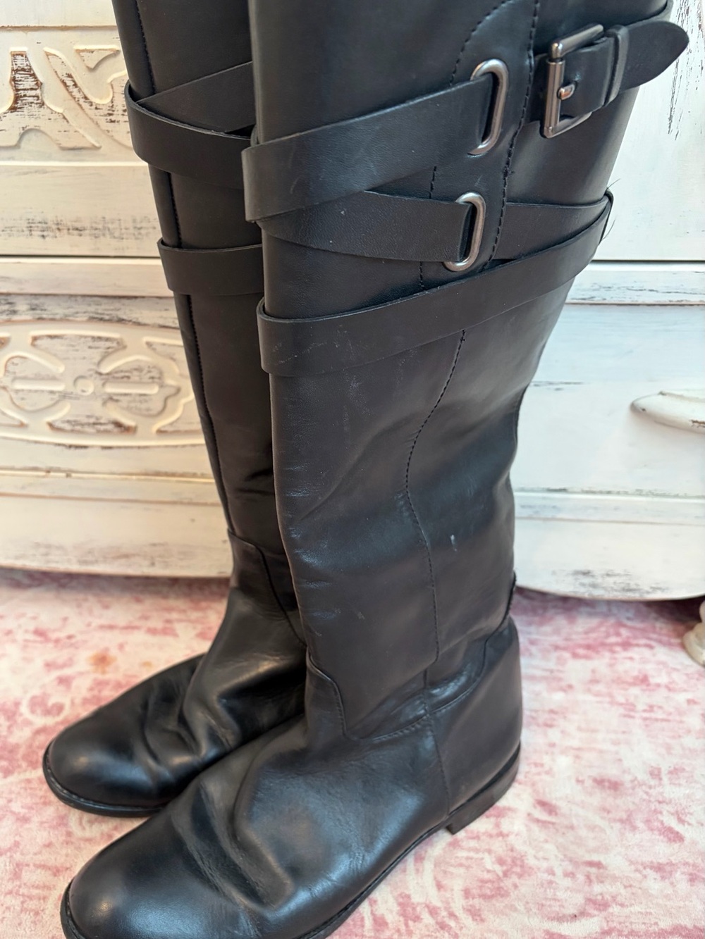 Coach Black High Leather Riding Boots with Buckle Straps